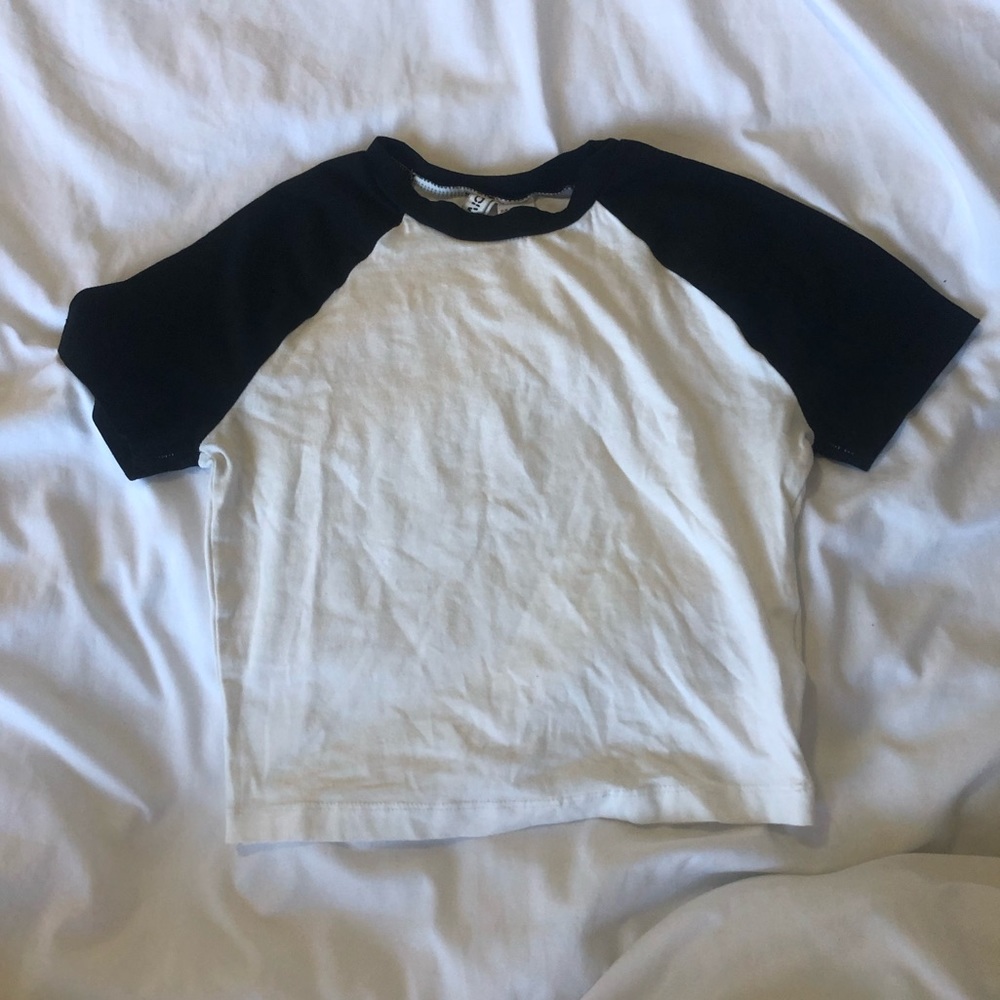 short sleeved black and white baseball tee